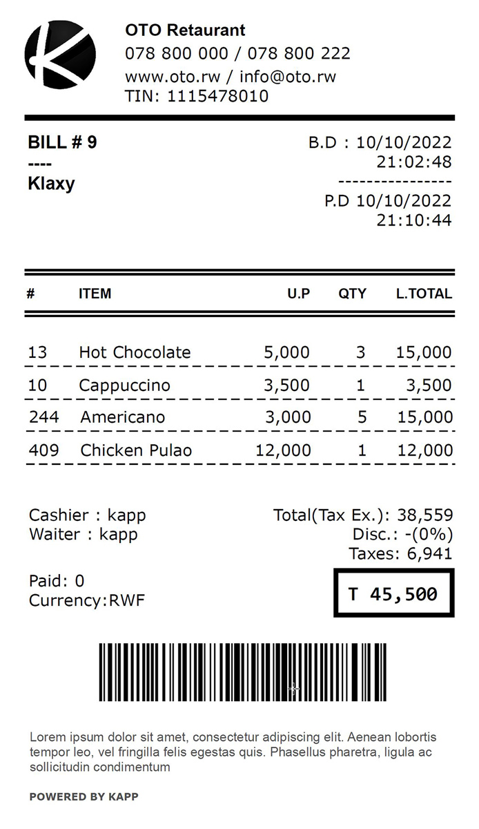 OTO POS Receipt
